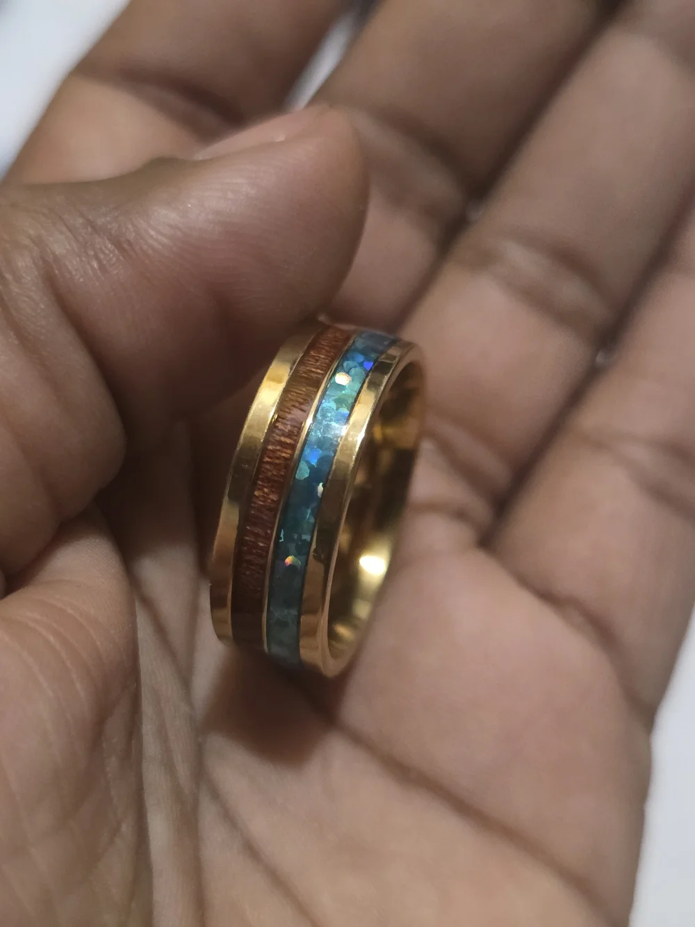 Gold-Tone Ring with Turquoise Inlay and Wood Accent - men's Jewelry